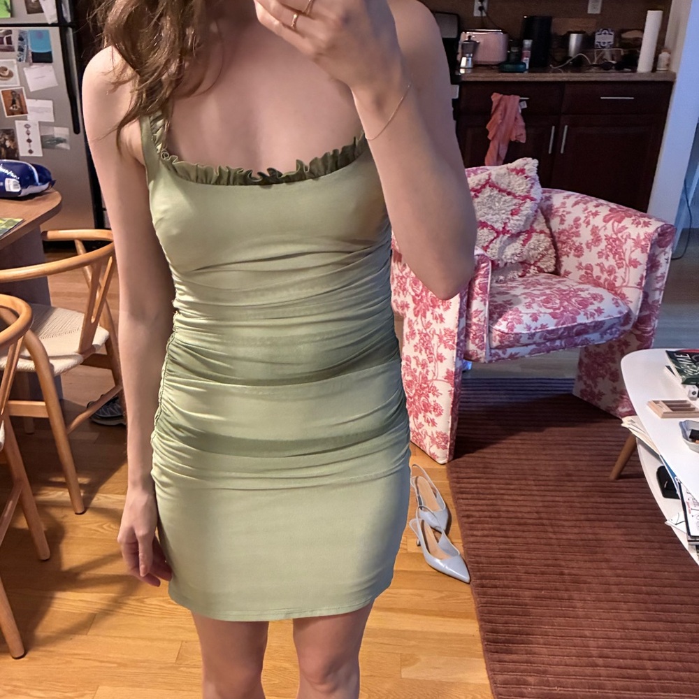 Green Ruched Mini Dress - Picture 2 of 5